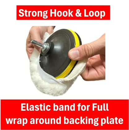 Lambswool Polishing Pads Sheepskin Buffing Pads with Elastic Band. 7PC Set Includes 5 Lambswool Cutting Pads with Hook and Loop Backing, 1 Backing Plate and 1 Drill Attachment - Wool Buffs (4 Inch) - size: 4 Inch