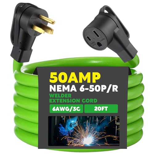 Kanayu 20FT 50Amp 6AWG NEMA 6-50P to 6-50R Welder Extension Cord 50Amp Power Extension for Welding Machines 50A 250Volt 3-Prong 6 Gauge Heavy Duty Welding Cable, ETL Listed - color: Green, size: 20 ft
