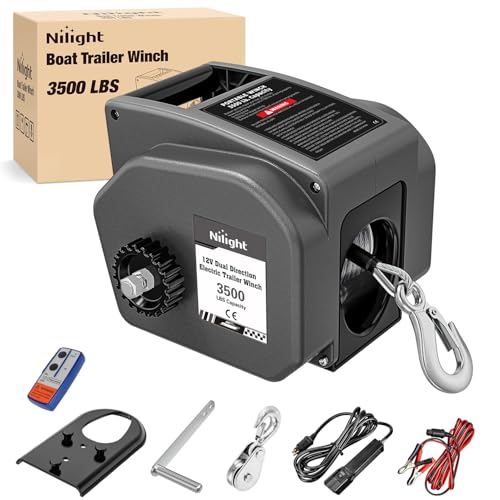 Nilight Boat Trailer Winch 3500 lbs Portable Electric Boat Winches 12 V DC Marine Winch with Steel Cable Remote Control & Hand Crank Power-in Freewheel Operat Waterproof Winch for Boat Trailer, Gray - color: Gray, size: Steel Cable