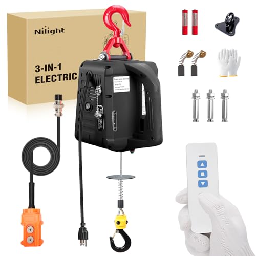 Nilight 3-in-1 Electric Hoist Winch, 1100LBS 1500W Portable Power Winch Crane with Manual Wired Wireless Remote Control, 110V Electric Winch 25FT Lifting Height for Garage Warehouses Factories, Black - size: 1100LBS Black