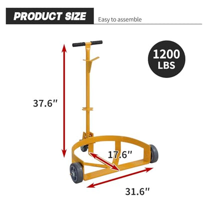 55 Gallon Drum Dolly, Heavy Duty Oil Drum Caddy Cart Barrel Dollies, 1200 lbs Load Capacity, Steel Drum Dolly with Adjustable Handle for Warehouse, Factory, Workshop