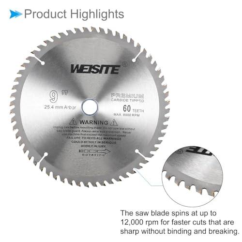 Circular Saw Blade, 9" Outer Dia 60 Teeth 3/4" Arbor, Wood Tungsten Carbide Tipped () Slitting Saw - (Applications: for Wood Cutting) - size: 230mm x 60T