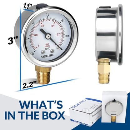 SENCTRL 30inHg Vacuum Pressure Gauge, 1/4" NPT Lower Mount - size: -30inHg-0, style: Lower Mount