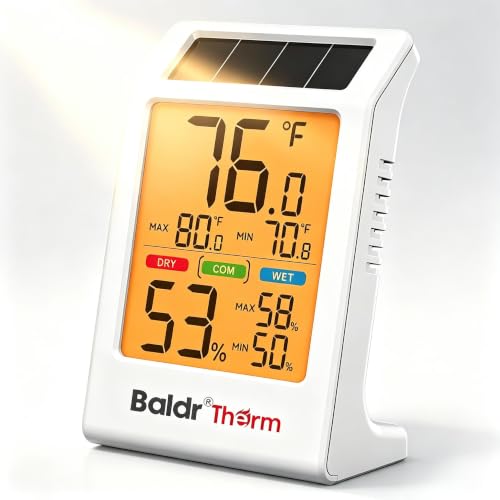 BALDR Indoor Thermometer Humidity Meter with Backlight Solar Powered - color: White Indoor Thermometer-1 Pack