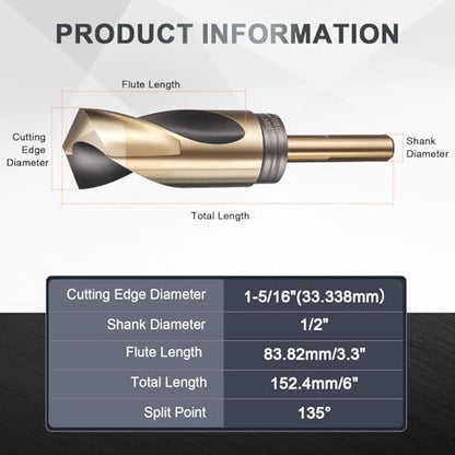 uxcell 1-5/16" Drill Bit 1/2" Reduced Shank 3-Flat M35 5% Cobalt HSS - size: 1-5/16" with 1/2" Shank