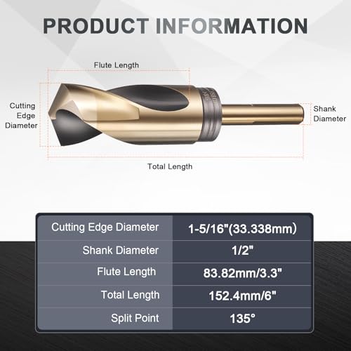 uxcell 1-5/16" Drill Bit 1/2" Reduced Shank 3-Flat M35 5% Cobalt HSS - size: 1-5/16" with 1/2" Shank
