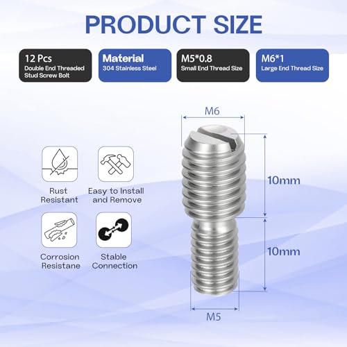 M5x10mm to M6x10mm Double End Threaded Stud Screw Reducing Bolt,304 Stainless Steel Thread Reducer Adapter for Furniture Fastener Welding, Hardware Connectors 12 Pack - size: M5x10mm to M6x10mm