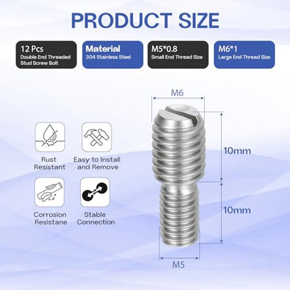M5x10mm to M6x10mm Double End Threaded Stud Screw Reducing Bolt,304 Stainless Steel Thread Reducer Adapter for Furniture Fastener Welding, Hardware Connectors 12 Pack - size: M5x10mm to M6x10mm