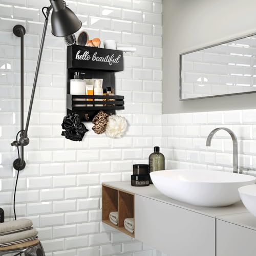 2Tier Black Wooden Hair Dryer Holder Wall-Mounted Organizer - color: black