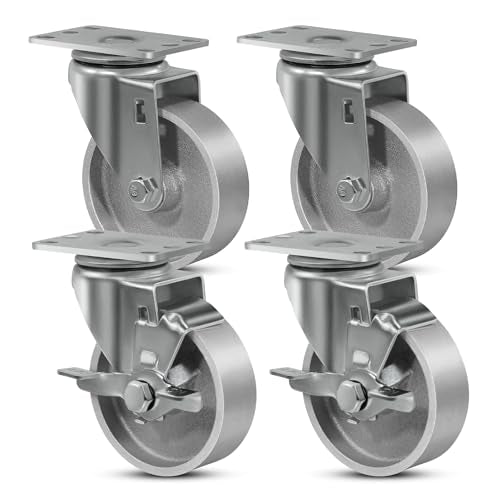 SY America 4" Heavy Duty Casters Set of 4,Cast Iron Semi-Steel Caster Wheels,Metal Industrial Casters,1600 LB Capacity-2 Brake & 2 Swivel - style: 4" Wheel