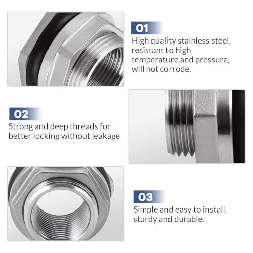 Bulkhead Water Tank Fitting,3/4" NPT Female Thread,304 Stainless Steel Thru-bulk Fitting(2 Pcs) - size: 3/4"NPT