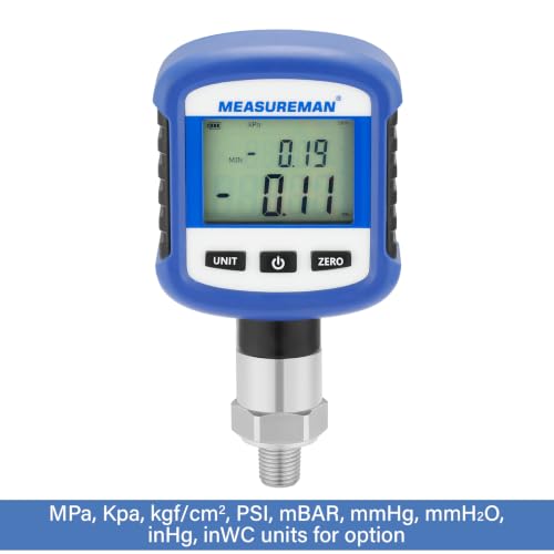 MEASUREMAN Digital Industrial Pressure Gauge -15psi-0, 0.2% FS, 1/4''NPT Lower, Stainless Steel Connection, Battery Powered, with LED Light, Blue Tooth, Phone Connect - size: -15psi-0