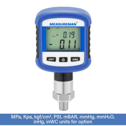 MEASUREMAN Digital Industrial Pressure Gauge 0-5000psi, 0.2% FS, 1/4'' NPT Lower, Stainless Steel Connection, Battery Powered, with Bluetooth and LCD Light - size: 0-5000psi