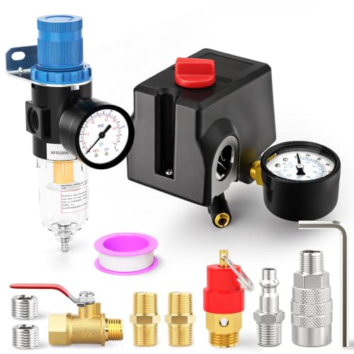 4 Way Air Compressor Pressure Switch Control Valve Kit 120-150 PSI, Lateral Port Replacement Parts, 110V-240V, With AFR2000 Air Filter Pressure Regulatorand Safety Pressure Relief Valve - size: 120-150 PSI