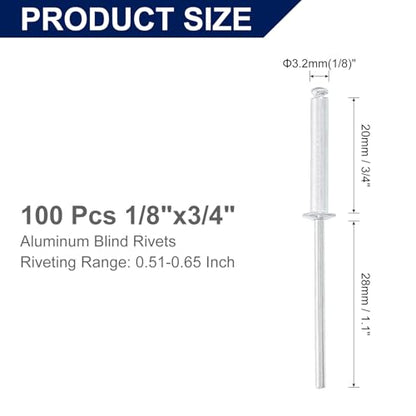 uxcell 100Pcs 1/8" x3/4" Aluminum Blind Rivets Dome Head Long Split Rivets - size: 1/8"x3/4"