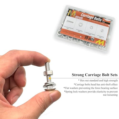 15 Sets 1/4"-20 x1-1/4 Carriage Bolts Round Head Square Neck Screws with Hex Nuts Flat Washers Spring Lock Washers 304 Stainless Steel Full Thread Coverage Square Neck Bolts Assortment Kit - size: 1/4"-20 x1-1/4"-15 Sets