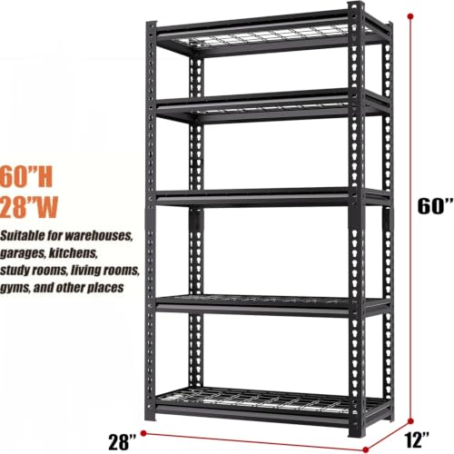 5-Tier Adjustable Heavy Duty Metal Garage Shelving, 2000 LBS Load Capacity Utility Storage Rack, 60 x 28 x 12 Inch Organizer for Basement, Warehouse, Kitchen, Pantry