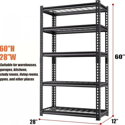 5-Tier Adjustable Heavy Duty Metal Garage Shelving, 2000 LBS Load Capacity Utility Storage Rack, 60 x 28 x 12 Inch Organizer for Basement, Warehouse, Kitchen, Pantry