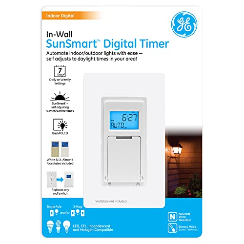 GE 7-Day in-Wall Digital Timer Switch, Auto Adjust Sunrise/Sunset Times