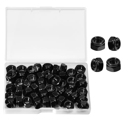 50Pcs M8 x 1.25mm Locknuts, Metric Self-Lock Nylon Inserted Hex Lock Nuts Black Zinc Plated 304 Stainless Steel Self Clinching Nut for Auto, Machine, Furniture, Tiny Nut with Storage Box - size: M8-Black