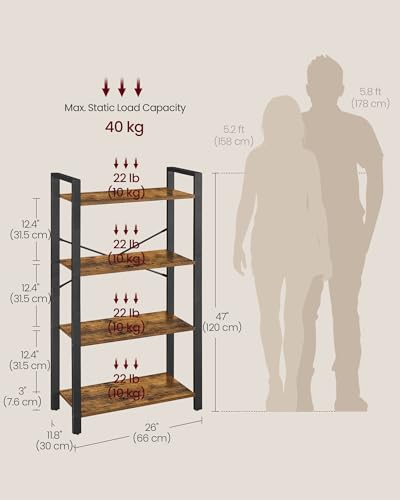 VASAGLE 4-Tier Bookshelf, Bookcase with Shelves, Storage Shelf, Living Room - color: Rustic Brown + Ink Black, size: 4 Tiers (11.8"D x 26"W), style: Without Back Panels