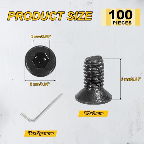 PATIKIL M3x6mm Flat Head Socket Cap Screws Carbon Steel Hex Spanner 100Pcs - size: M3x6 mm