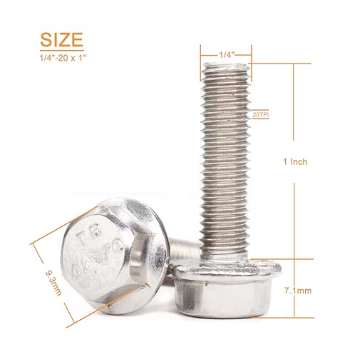20pcs 1/4"-20 x 1 Serrated Flanged Hex Bolts Flange Hexagon Screws, Stainless Steel 18-8 (304), Plain Finish - size: 1/4"-20 x 1" 20pcs