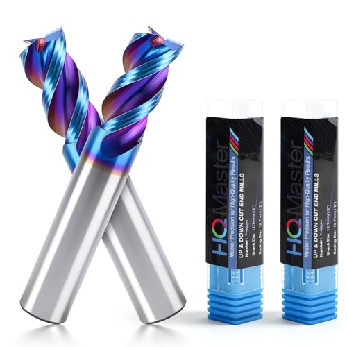 HQMaster Carbide Square End Mill with Nano Blue Coating, 1/2“ Shank 3 Flute End Mill, HRC 60 CNC Milling Bits Set for Aluminum, Copper, Magnesium Alloys & Composite Materials, 2-Pack - size: 1/2" x 1/2" x 1" x 3"