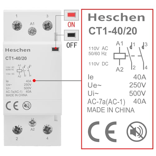 Heschen 40A 2 Pole Modular AC Contactor CT1-40/20, 110V AC/DC Coil - color: Silent 110V AC/DC Coil (2NO), size: 40 Amp