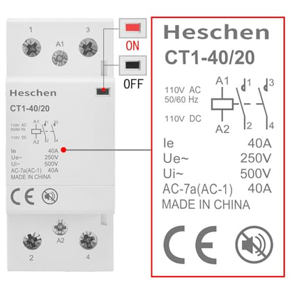 Heschen 40A 2 Pole Modular AC Contactor CT1-40/20, 110V AC/DC Coil - color: Silent 110V AC/DC Coil (2NO), size: 40 Amp