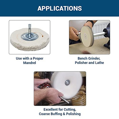 Benchmark Abrasives 4" Cotton Cushion Sewn Buffing Polishing Wheel for Bench Grinder with 1/4" Mandrel, for Polishing Finishing Smoothing on Aluminum, Stainless Steel (Cotton Cushion)