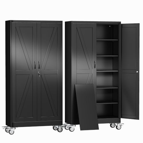 erosoe 74" H Metal Garage Storage Cabinet, Rolling Tool Cabinet with 2 Doors and Wheels, Locker Steel Cabinet with 5 Adjustable Shelves, Organization Cabinet for Garage,Office,Home,Gym,-Black - color: Black, size: 74" CasLck-M