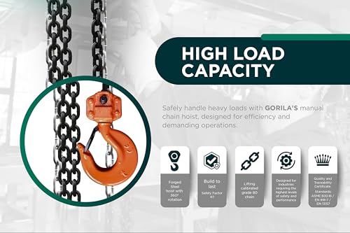 GORILA Hand Chain Hoist 1100LBS 10FT (0,5 Ton 3 Meters) with 2 Heavy Duty Hooks and Forged Locks | Safety Factor 4:1 | Since 1989 - size: 1100lbs - 10ft / 0,5t - 3m