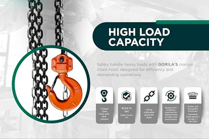 GORILA Hand Chain Hoist 1100LBS 10FT (0,5 Ton 3 Meters) with 2 Heavy Duty Hooks and Forged Locks | Safety Factor 4:1 | Since 1989 - size: 1100lbs - 10ft / 0,5t - 3m
