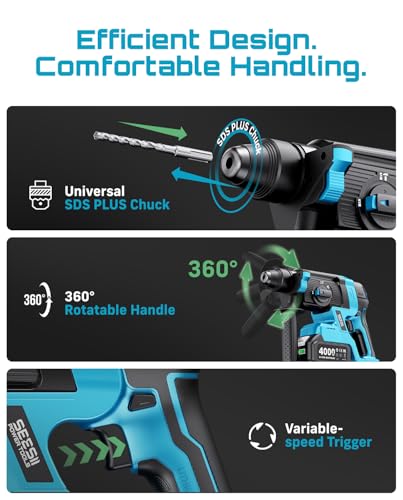 Seesii 1-Inch Cordless SDS-Plus Rotary Hammer Drill, 2.8J, Brushless Motor
