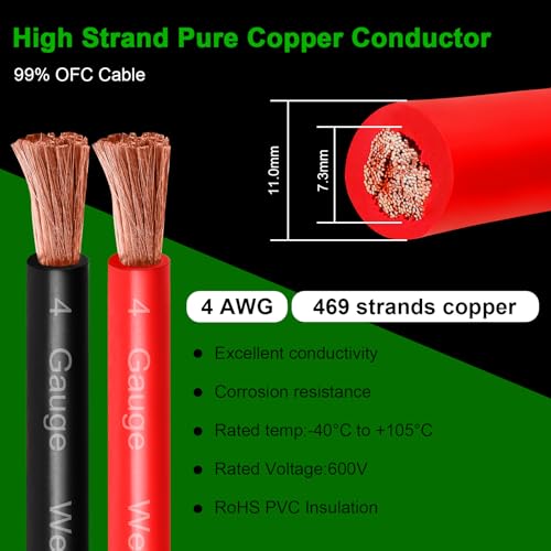 MOOKEERF 4 Gauge Battery Cable - 25FT Red + 25FT Black 4 AWG Welding Cable Flexible Stranded Oxygen-Free Pure Copper Wire for Automotive, Battery, Inverter, Solar, Marine and Generator - color: 25ft Black + 25ft Red, size: 4AWG