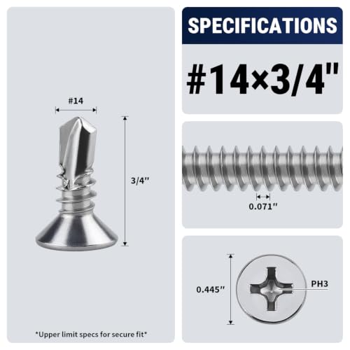 #14 x 3/4" Phillips Flat Head Sheet Metal Screws, Stainless Steel 410 Self Drilling Screws for Metal, Countersunk Head, Phillips Drive, Self Tapping, 50 Pack - size: #14 x 3/4"