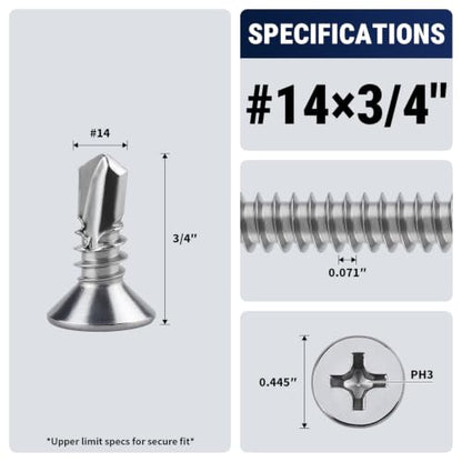 #14 x 3/4" Phillips Flat Head Sheet Metal Screws, Stainless Steel 410 Self Drilling Screws for Metal, Countersunk Head, Phillips Drive, Self Tapping, 50 Pack - size: #14 x 3/4"