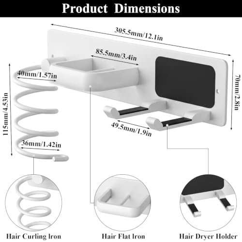 Tindbea Hair Dryer Holder Wall Mount Aluminum Alloy Hot Tools Organizer - color: White