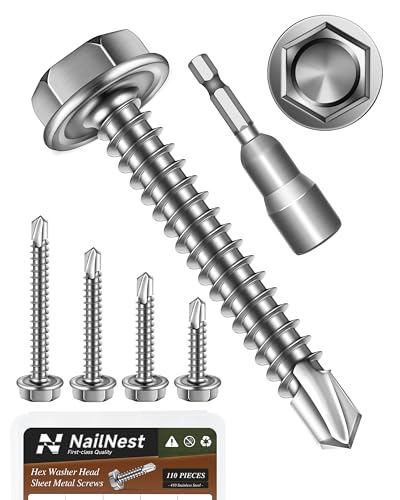 110PCS #8 Self Drilling Screws Assortment Kit, 5 Common Size Self Tapping Screws for Metal, 410 Stainless Steel Hex Washer Head Sheet Metal Screw, Bright Finish - color: Silver, size: #8 x Assorted Sizes