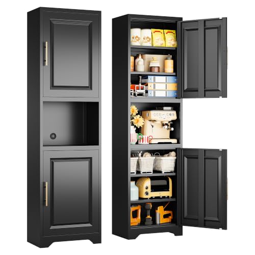 SISESOL 67" Tall Narrow Bathroom Storage Cabinet, 2 Door and 7 Shelves Slim Kitchen Pantry Cabinet, Black Metal Bathroom Cabinets,Large Cupboard for Home,Kitchen,Laundry,Bathroom - color: Black, size: 18.5"W