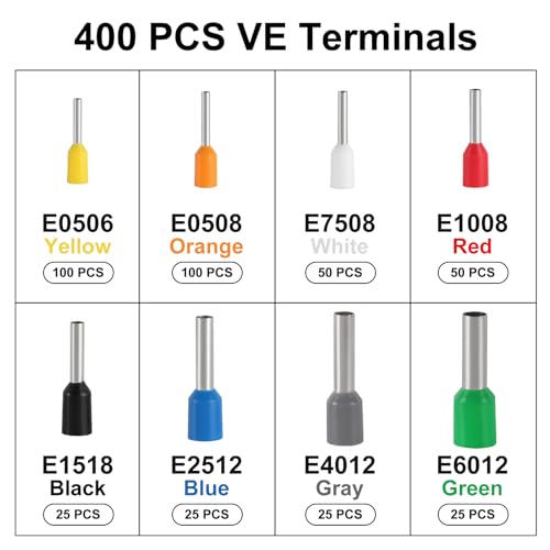 Ferrule Crimping Tool Kit, Crimper Plier with 400PCS Wire Ferrules Kit Wire End Terminals, Self-adjustable Ratchet Tool Set for AWG 23-7 Cable connectors, 0.25-10mm² (HSC8 6-4A + 400) - color: Hsc8 6-4a + 400