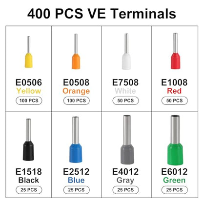 Ferrule Crimping Tool Kit, Crimper Plier with 400PCS Wire Ferrules Kit Wire End Terminals, Self-adjustable Ratchet Tool Set for AWG 23-7 Cable connectors, 0.25-10mm² (HSC8 6-4A + 400) - color: Hsc8 6-4a + 400