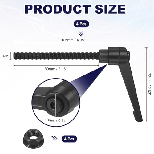 uxcell 4Pcs Adjustable Clamping Lever Handles, M8x80mm Zinc Alloy Male Thread Stud Knobs with Nuts Quick Release Bolt Rotating Screw Handles for Lathes Woodworking, Black - size: M8x80mm