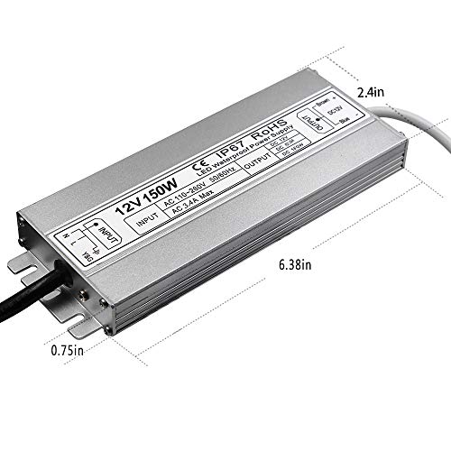 LED Driver Waterproof IP67 Power Supply 150W 12V DC 12.5a Transformer thinner and Durable with US 3-Prong Plug Plate for Outdoor Use - size: 12V150W