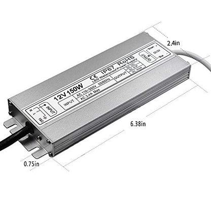 LED Driver Waterproof IP67 Power Supply 150W 12V DC 12.5a Transformer thinner and Durable with US 3-Prong Plug Plate for Outdoor Use - size: 12V150W