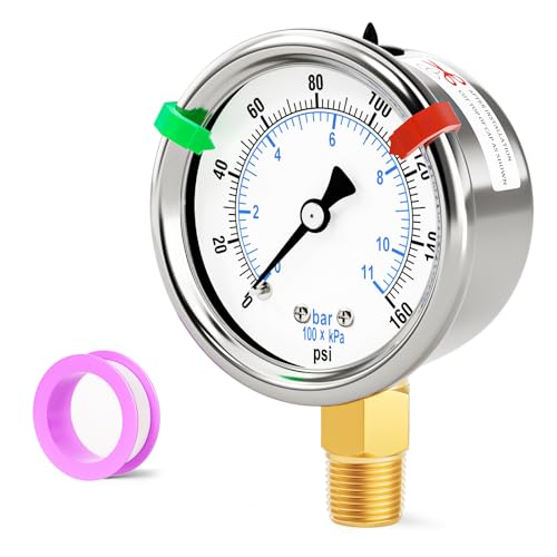 0-160Psi Stainless Steel Dry Low Pressure Gauge 1/4" NPT 2" Dual Scale Dial, Lower Mount, Waterproof for Water Oil Air Well Pump, Tire Gas Pressure Test (with Range Mark Pointer) - size: 0-160Psi, style: Lower Mount(1/4"NPT)