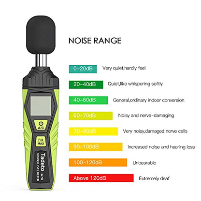 Decibel Meter, Tadeto Digital Sound Level Meter Portable SPL Meter 30dB to 130dB MAX Data Hold with LCD Display Backlight A/C Weighted for Home Factories - color: Green