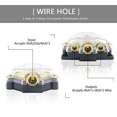 3 Way Power Distribution Block, 0/2/4 AWG Gauge in, 4/8 Gauge Out, Car Audio Stereo Amp Distribution Connecting Block for Audio Splitter (1 in 3 Out) - size: 3 Way