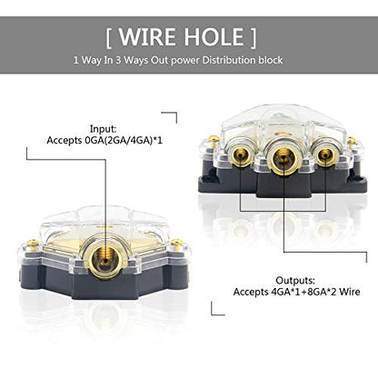 3 Way Power Distribution Block, 0/2/4 AWG Gauge in, 4/8 Gauge Out, Car Audio Stereo Amp Distribution Connecting Block for Audio Splitter (1 in 3 Out) - size: 3 Way